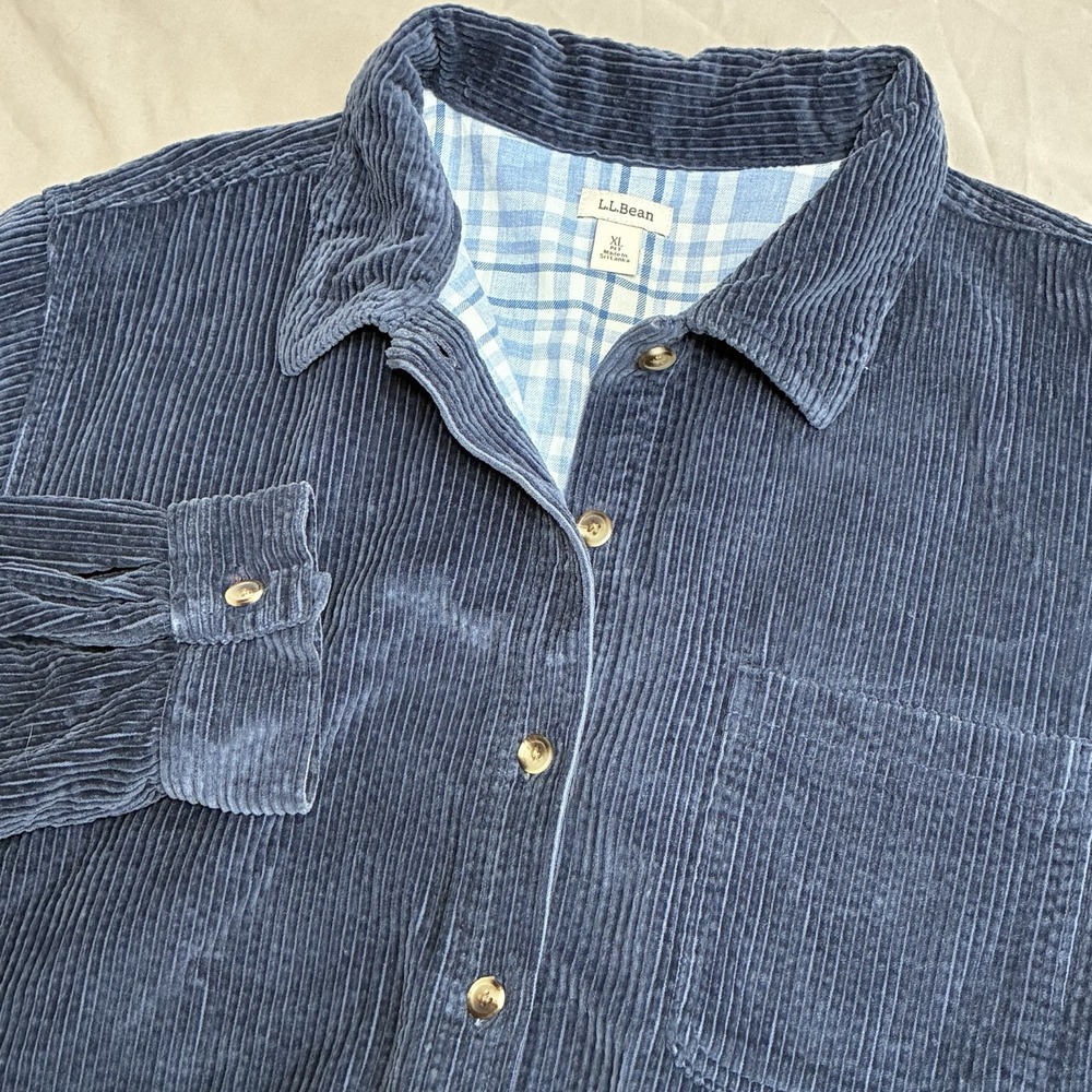 LL Bean Corduroy Shirt Jacket Womens XL Navy Blue Plaid Flannel Lined Shacket